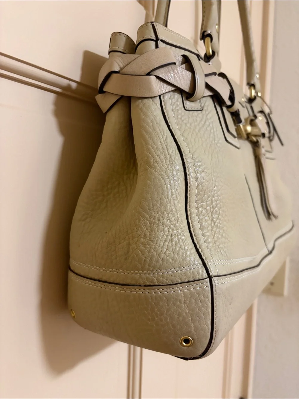 Coach Cream Leather Shoulder Tote with Braided Trim and Tassel